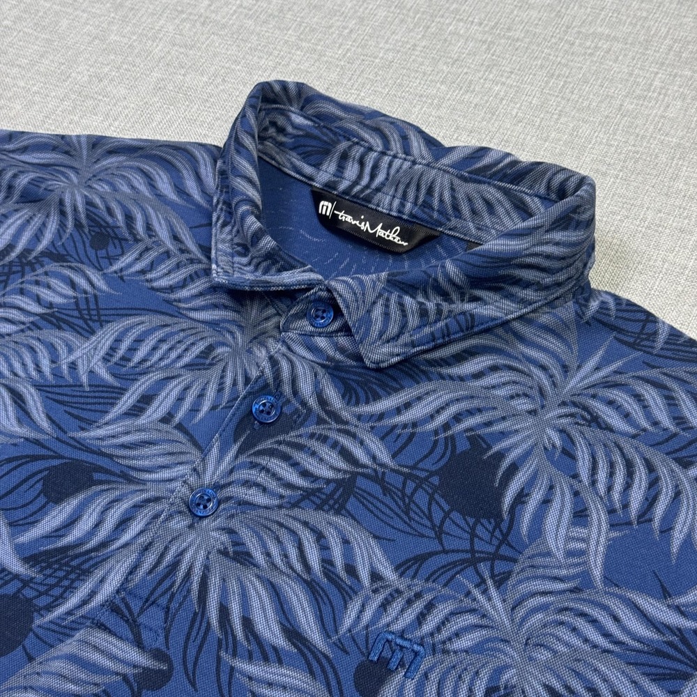 Travis Mathew Palm Print Golf Polo Shirt Men M Blue Cotton Polyester Performance